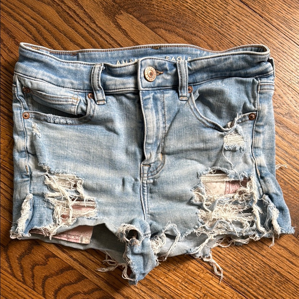 American Eagle Outfitters High Rise Shortie Stretch Denim Distressed Jean Shorts
